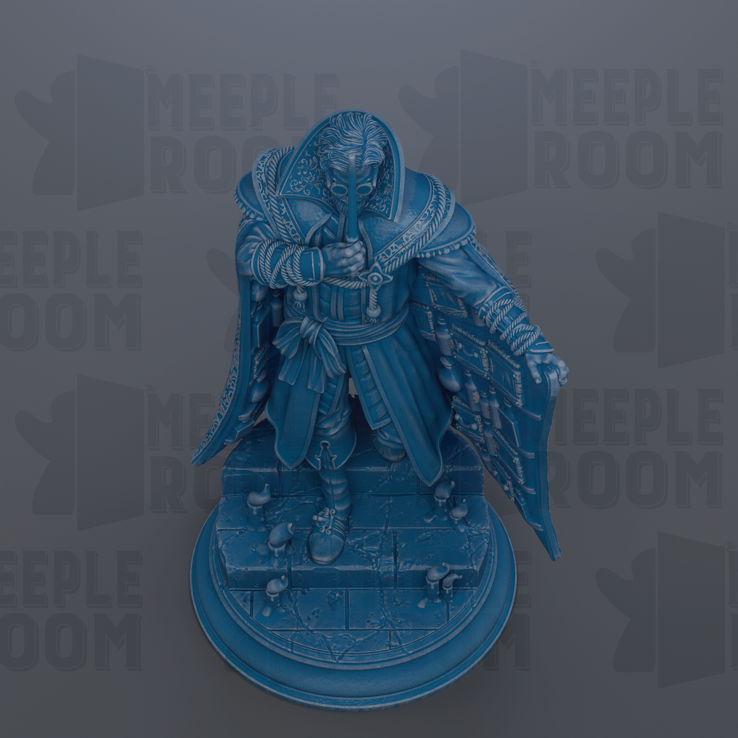 A blue statue of a person with a sword and shield, standing on a pedestal.