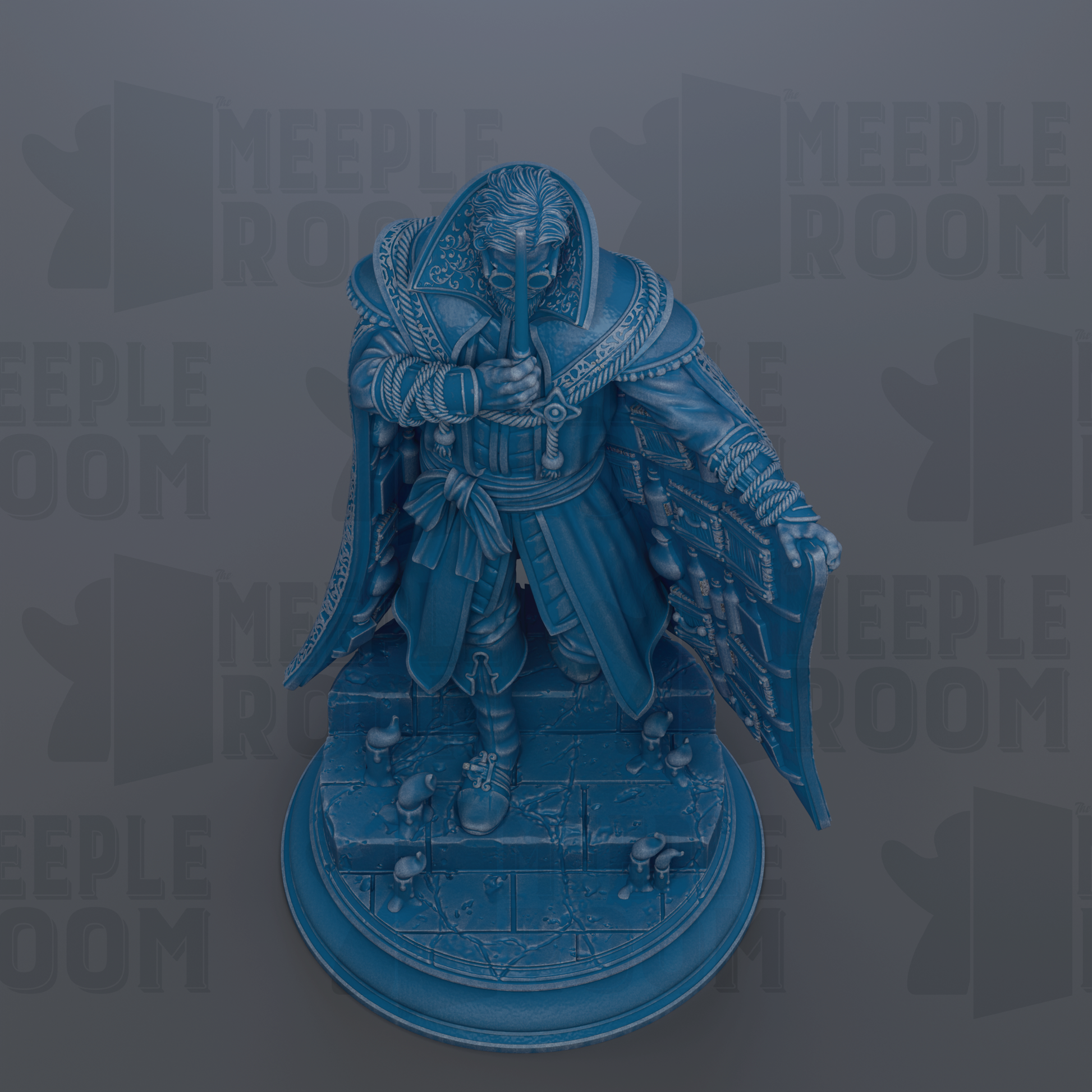 A blue statue of a person with a sword and shield, standing on a pedestal.