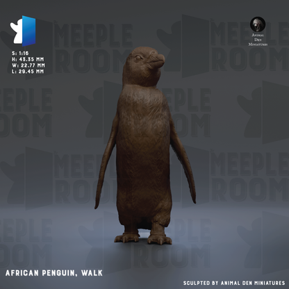 The image is a 3D rendering of an African penguin, specifically a walk penguin, standing on a gray background.