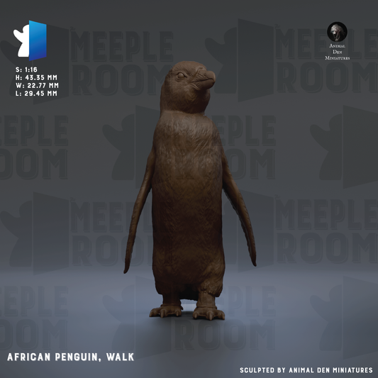 The image is a 3D rendering of an African penguin, specifically a walk penguin, standing on a gray background.