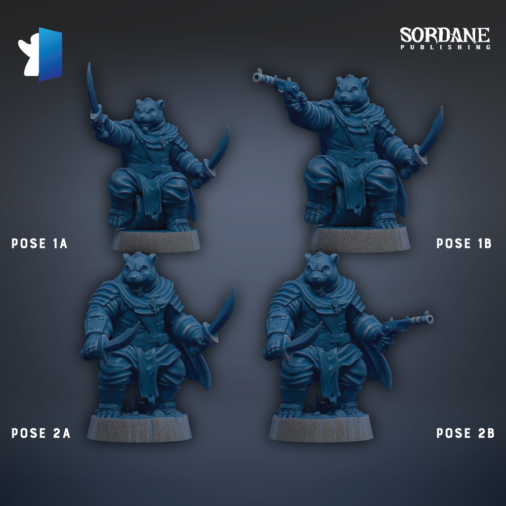 four blue figurines of a character, each in a different pose, arranged in a grid-like pattern against a dark background.