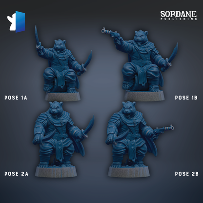 four blue figurines of a character, each in a different pose, arranged in a grid-like pattern against a dark background.