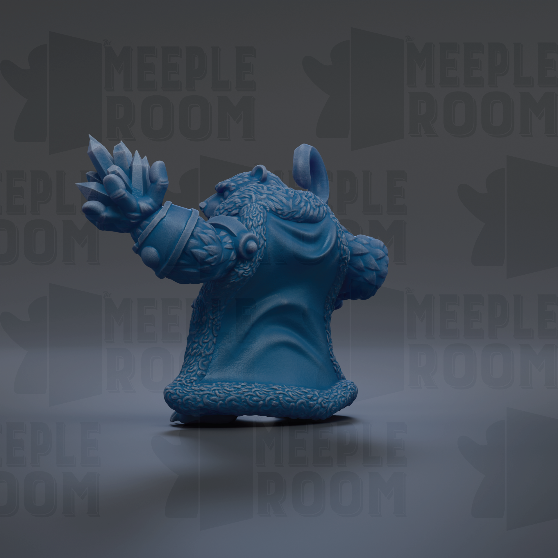 A blue, furry toy figure with a pointed hat and raised arm is the main focus of the image.