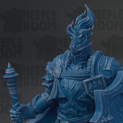 A detailed 3D rendering of a blue armored figure holding a weapon, with intricate details and a fierce expression.