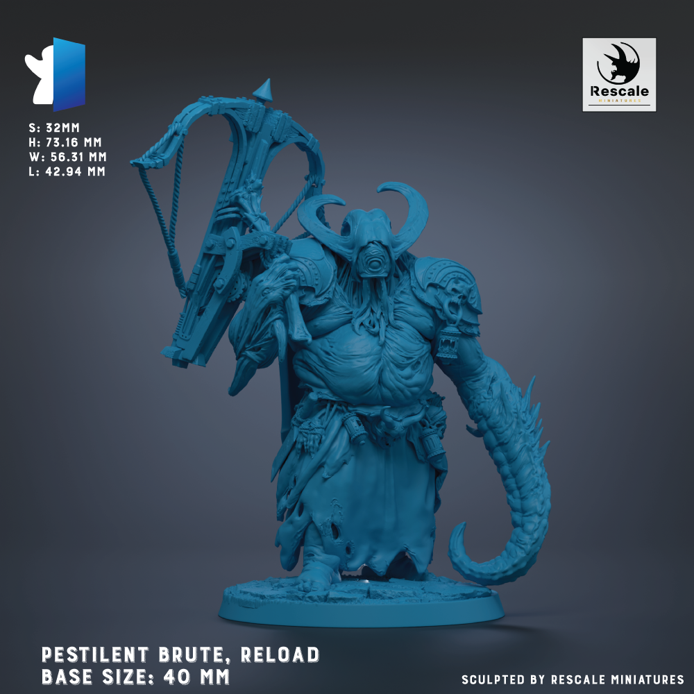 a large, detailed, and intricate blue figurine of a creature with horns and a long tail, standing on a base. The figurine appears to be a miniature model, likely created by a sculptor. The base sizes are 40 mm, and the figurine is described as "Pestilent Brut, RELOAD" and "BASE SIZES: 40 MM".