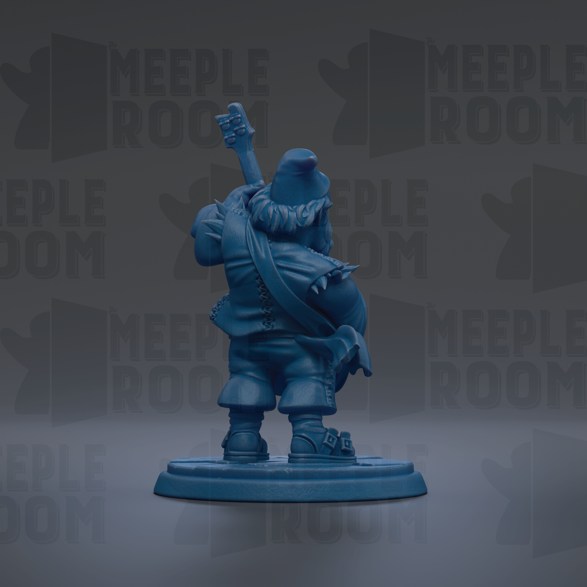 A blue figurine of a person holding a guitar, standing on a base, against a dark background with repeated text.