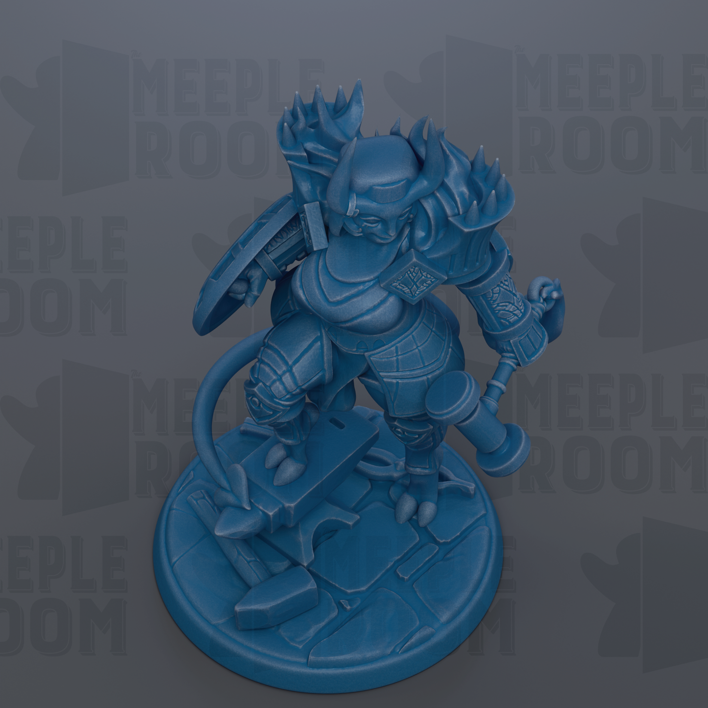 A blue figurine of a warrior-like character with horns and a shield, standing on a platform.