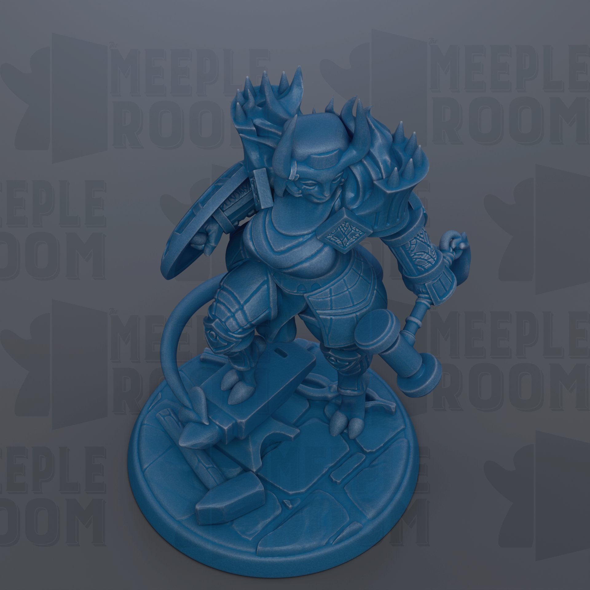 A blue figurine of a warrior-like character with horns and a shield, standing on a platform.