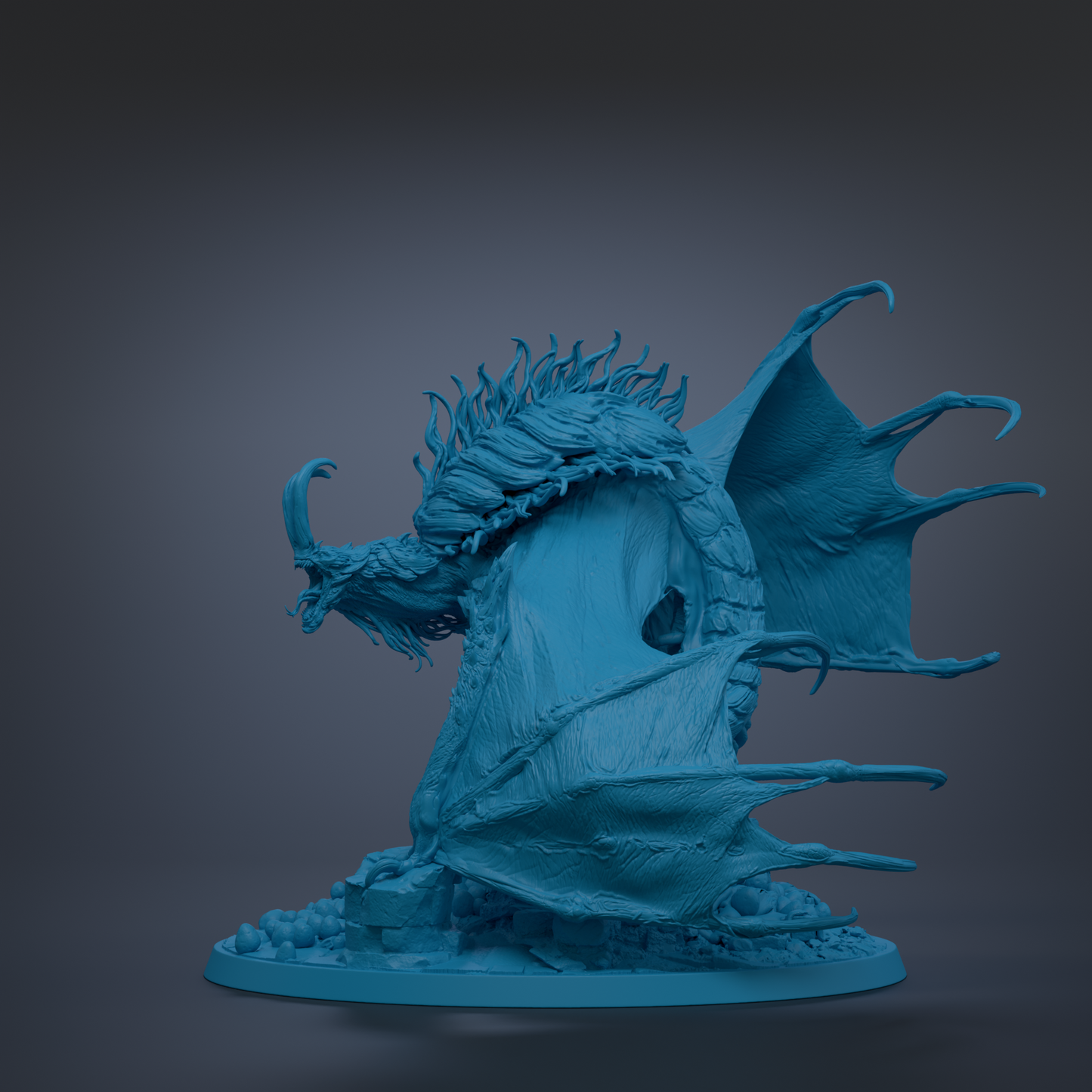 A detailed 3D model of a blue dragon-like creature with sharp teeth and claws, standing on a base and facing to the right.