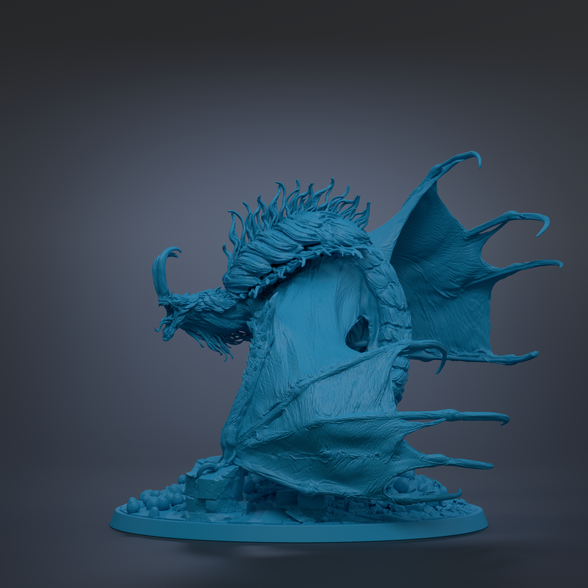 A detailed 3D model of a blue dragon-like creature with sharp teeth and claws, standing on a base and facing to the right.