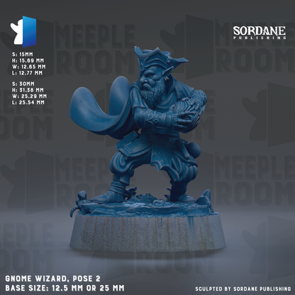 The image is a detailed 3D rendering of a blue fantasy character, likely a wizard or gnome, posed on a base. The character is standing on a platform and appears to be interacting with a prop or object. The image is described as a "base size: 12.5 mm" or "25 mm" and is published by Sordane Publishing.