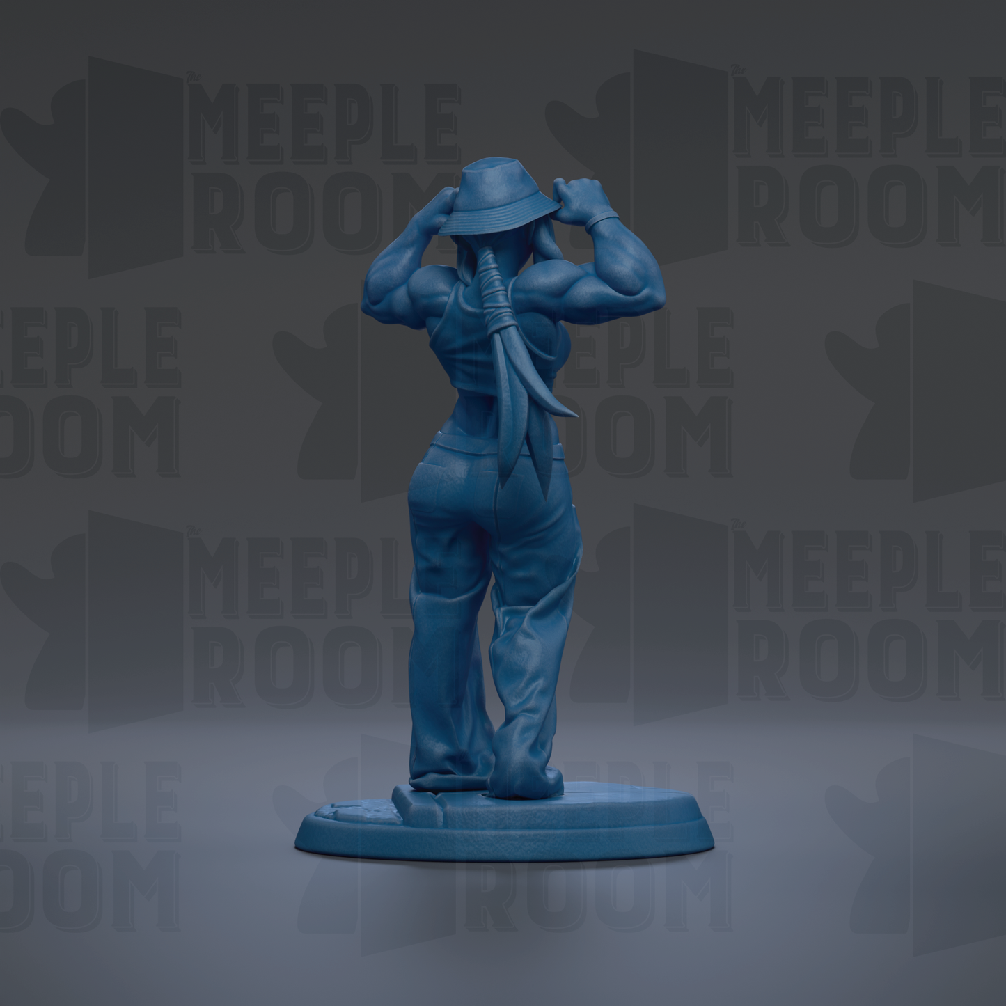 A blue figurine of a muscular woman with a hat and a sword stands in front of a repeating pattern of the word "MEUPLE ROOM".