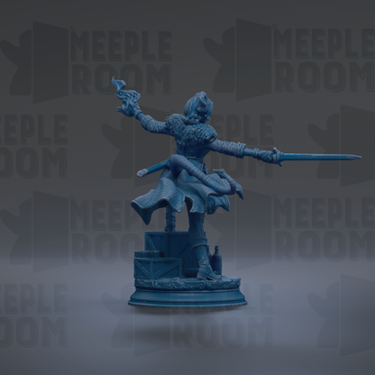A blue statue of a person holding a sword and shield, standing on a pedestal.