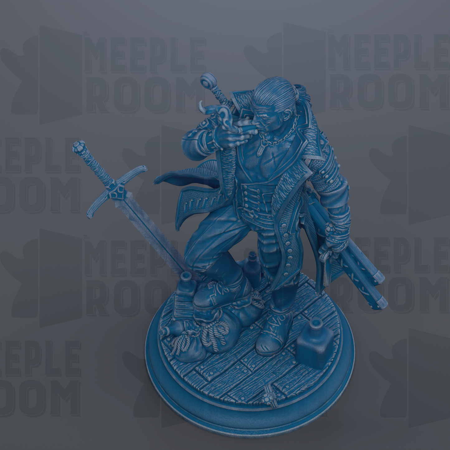 A 3D rendering of a blue-colored statue depicting a figure holding a sword and a shield, standing on a platform.