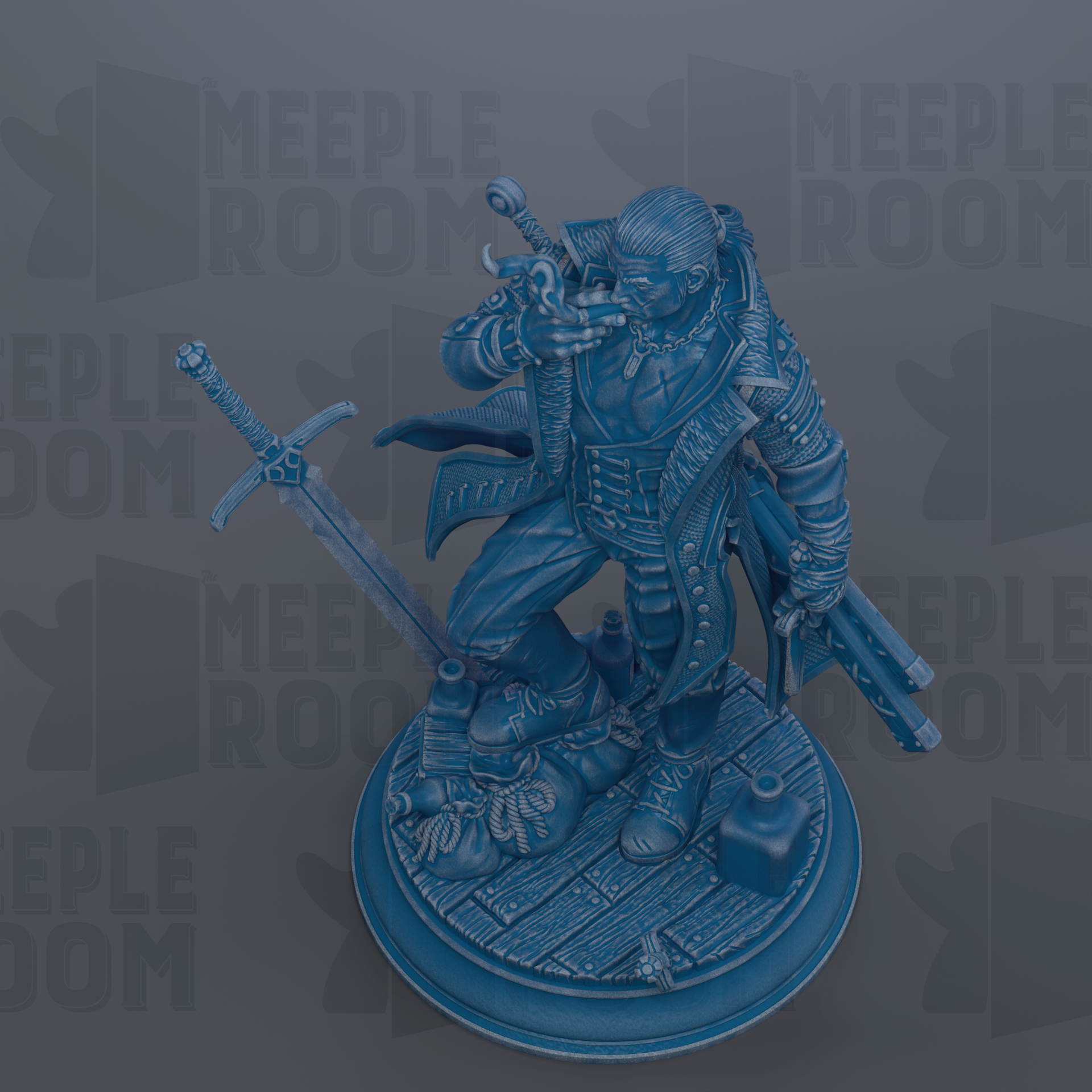 A 3D rendering of a blue-colored statue depicting a figure holding a sword and a shield, standing on a platform.
