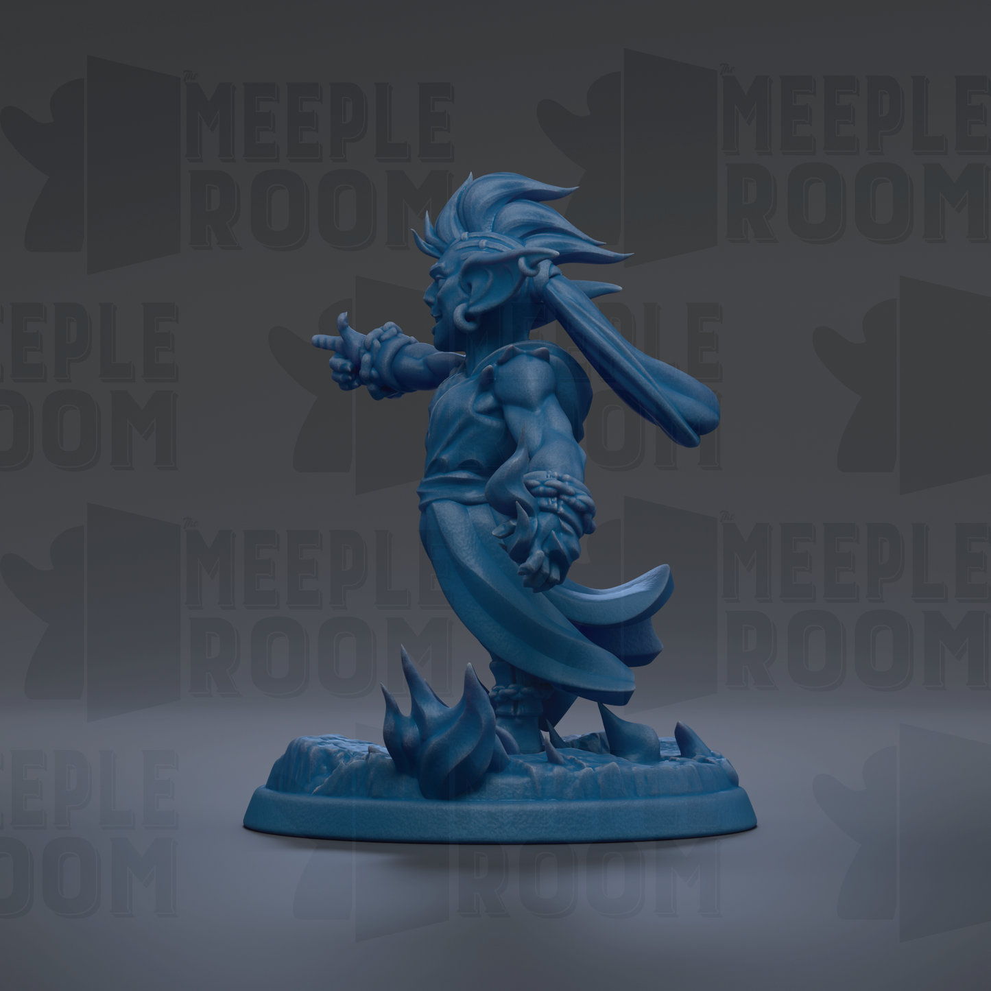A blue figurine of a character with a large head and long hair, standing on a base and pointing with one hand.