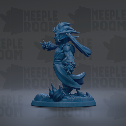 A blue figurine of a character with a large head and long hair, standing on a base and pointing with one hand.