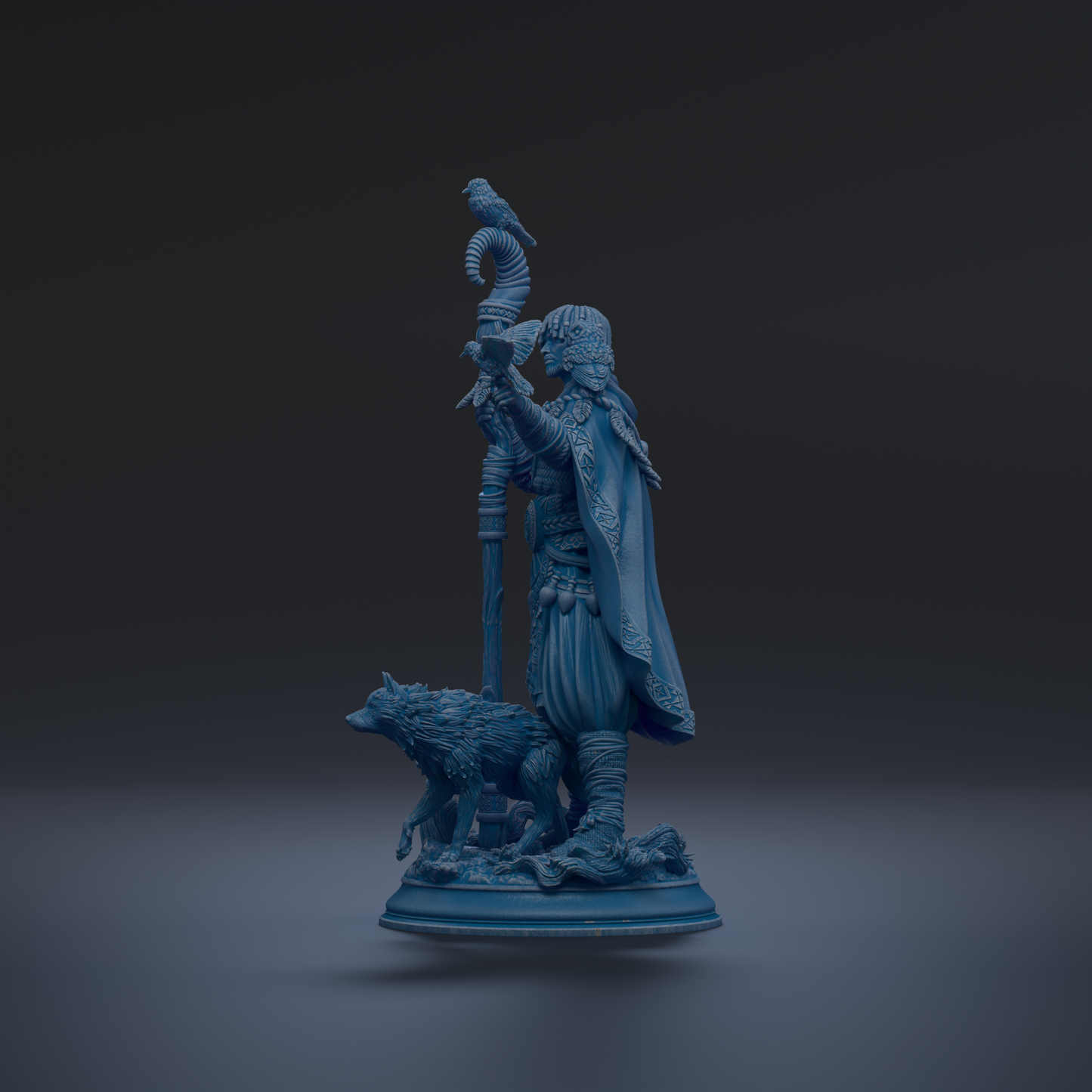 A blue statue of a man with a bird perched on his head, standing next to a wolf.
