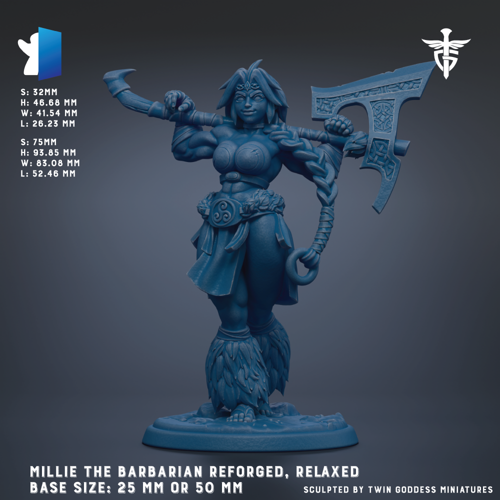 a female warrior figure, specifically a female barbarian, who has been reforged, relaxed, and is now ready for battle. The base size of the figure is either 25 mm or 50 mm. The sculpture is created by Twin Goddess Miniatures.