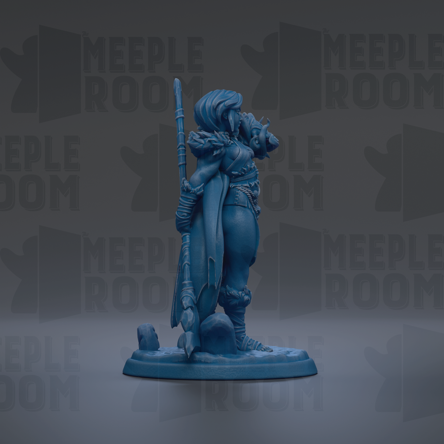 A blue figurine of a warrior standing on a pedestal, holding a spear and shield, against a dark background with repeated text.