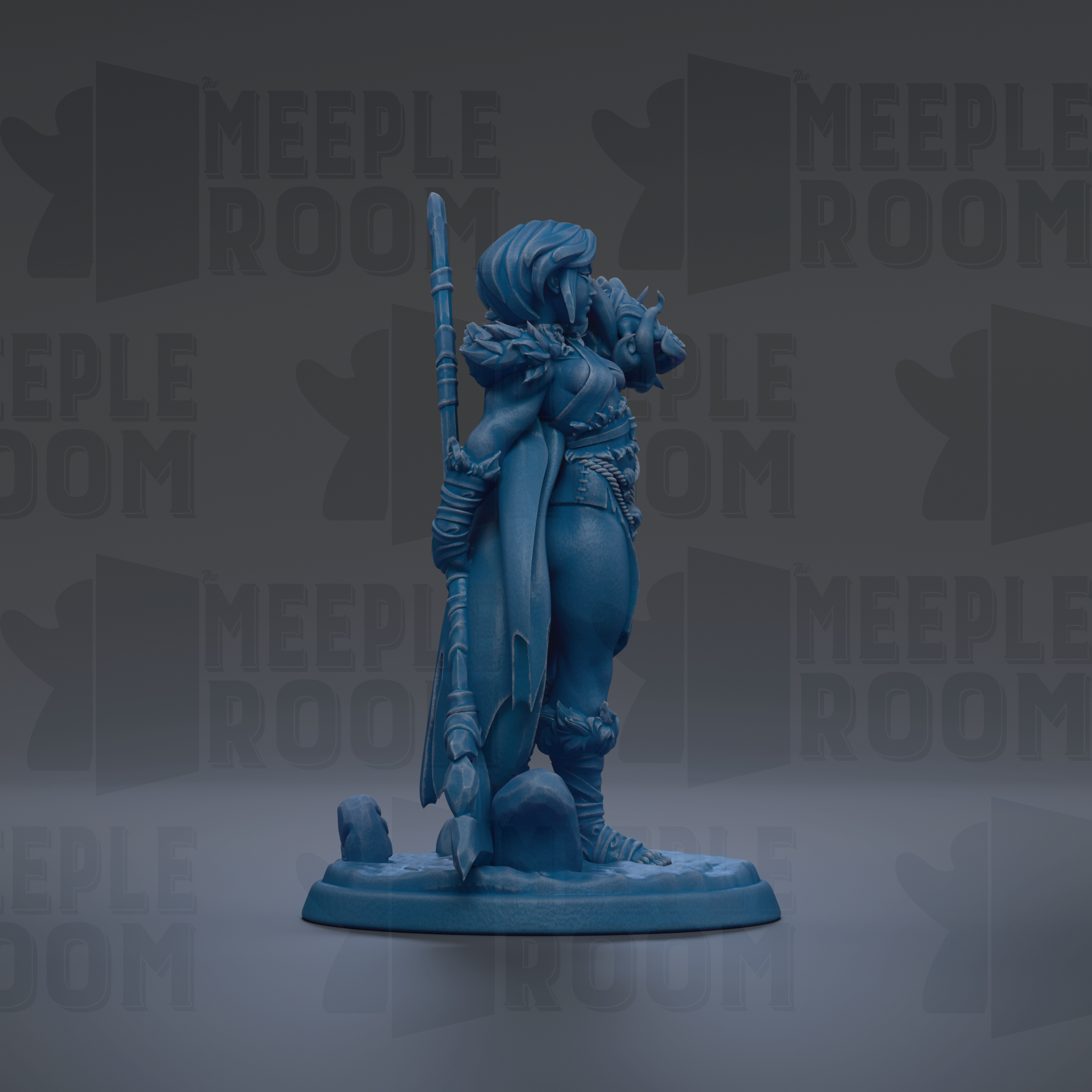 A blue figurine of a warrior standing on a pedestal, holding a spear and shield, against a dark background with repeated text.