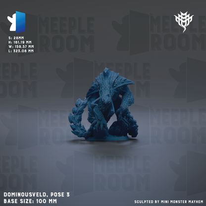 a blue figurine of a creature, possibly a monster or a dragon, posed in a dynamic position. The figurine is set against a dark background with the text "MEIPLE ROOM" repeated multiple times. The image is described as a "DOMINOUSVEELD, pose 3" and has a base size of 100 millimeters. It is also noted that the sculpture is "SOLUT[...]ED BY MINI MONSTER MAYHEM".