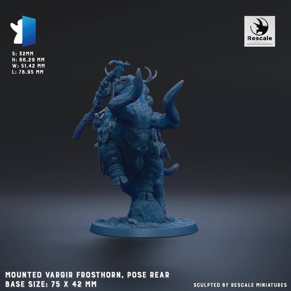 The image is a 3D rendering of a mounted Vargir Frosthorn, a fantasy creature with horns and a large head, posed on a base size of 75 x 42 mm.