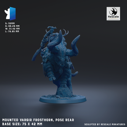 The image is a 3D rendering of a mounted Vargir Frosthorn, a fantasy creature with horns and a large head, posed on a base size of 75 x 42 mm.