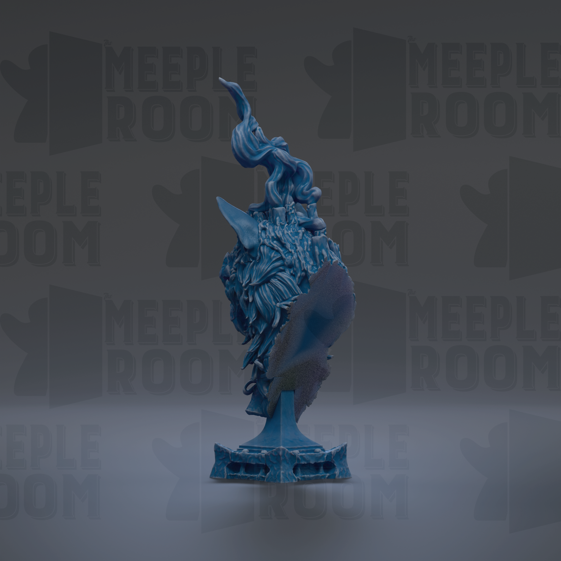 a blue, abstract sculpture with a stylized, flowing design.