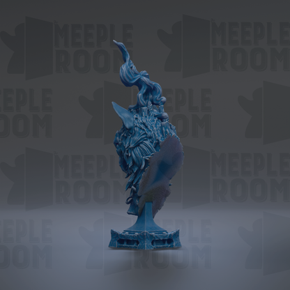 a blue, abstract sculpture with a stylized, flowing design.