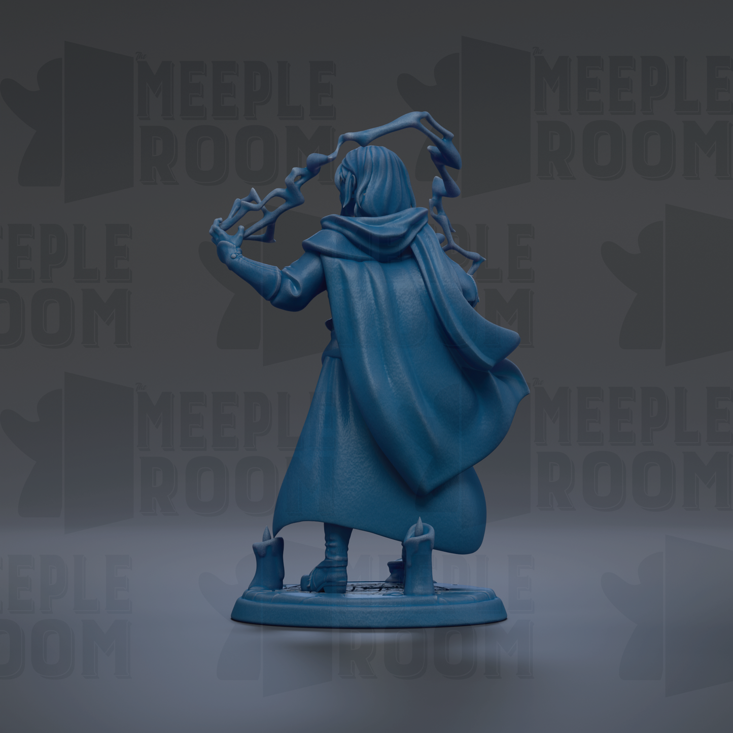 A blue figurine of a person with a cape and a staff, standing in a dark background with the text "MEEPLE ROOM" repeated multiple times.