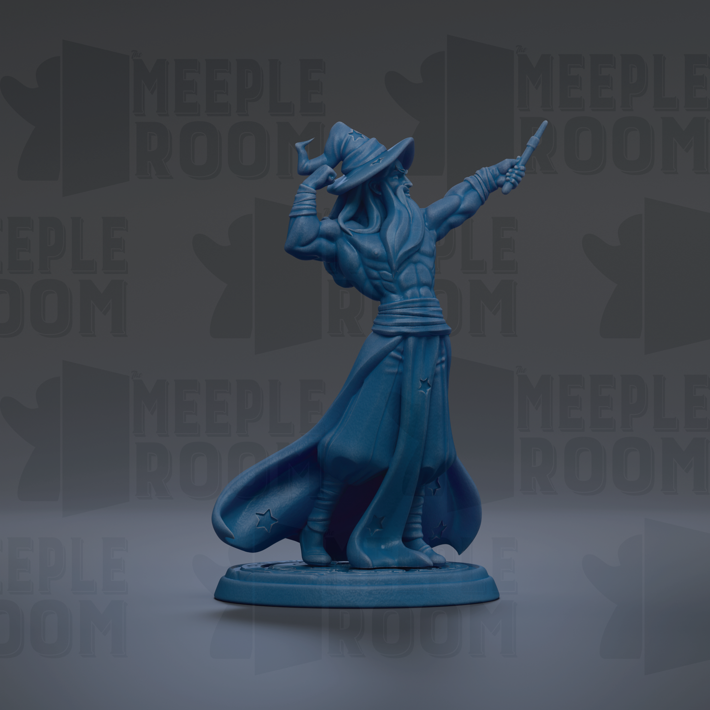 A blue figurine of a wizard or magical figure is shown against a dark background with repeated text.