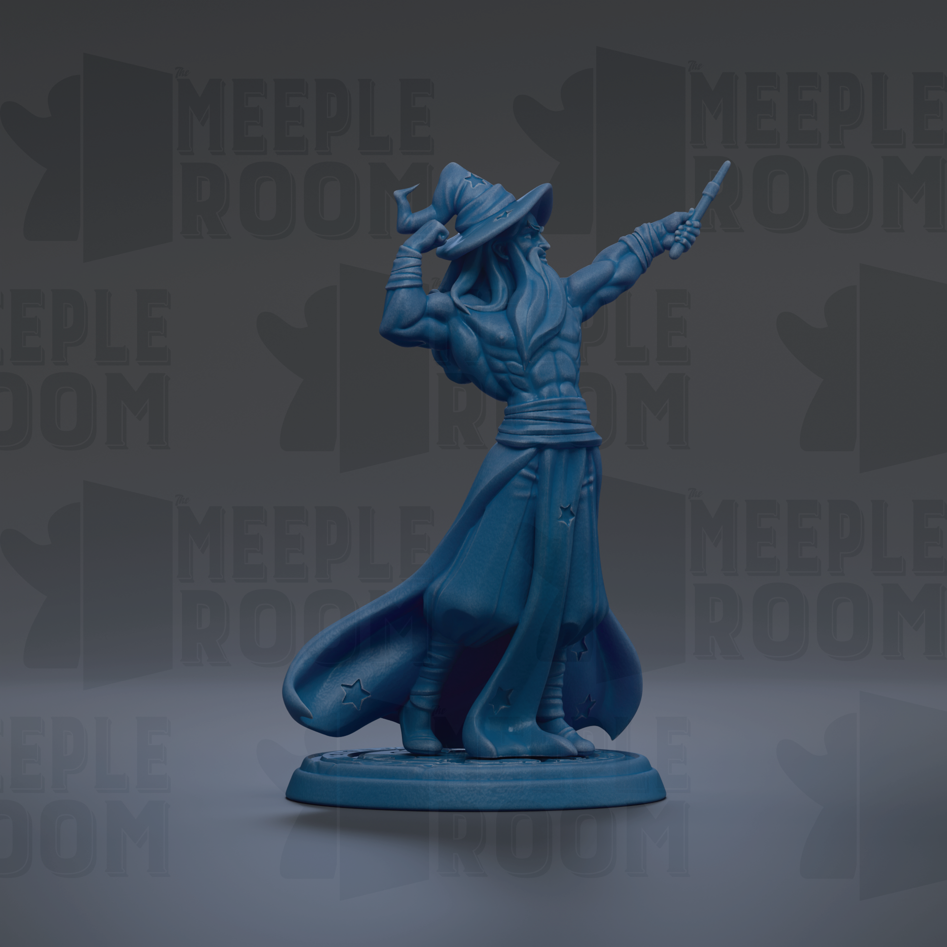 A blue figurine of a wizard or magical figure is shown against a dark background with repeated text.
