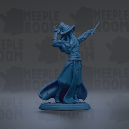 A blue figurine of a wizard or magical figure is shown against a dark background with repeated text.
