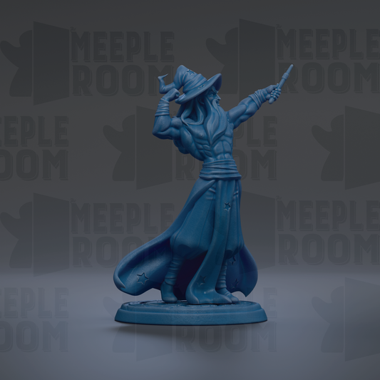 A blue figurine of a wizard or magical figure is shown against a dark background with repeated text.