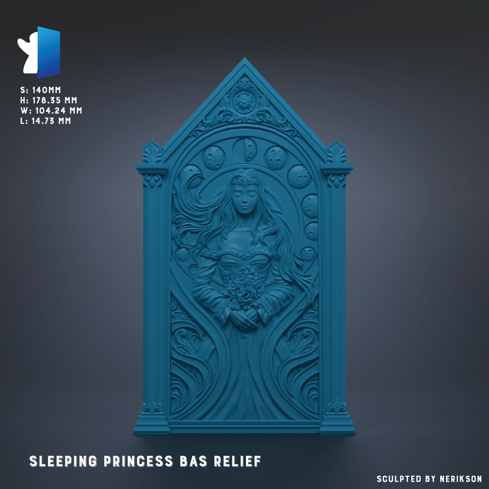 The image is a 3D rendering of a blue, ornate, and intricately carved relief sculpture depicting a woman with long hair and a flowing dress. The sculpture appears to be a bas relief, which is a type of relief sculpture that features a solid block of material with a relief design carved into it. The sculpture is set against a dark background, highlighting its details and craftsmanship.