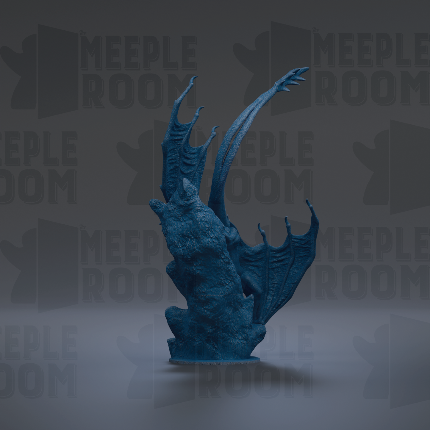 A blue, abstract sculpture with a unique, organic shape stands prominently against a dark background.