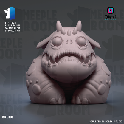 The image is a 3D rendering of a large, furry monster-like creature with sharp teeth and horns, sitting on a surface.