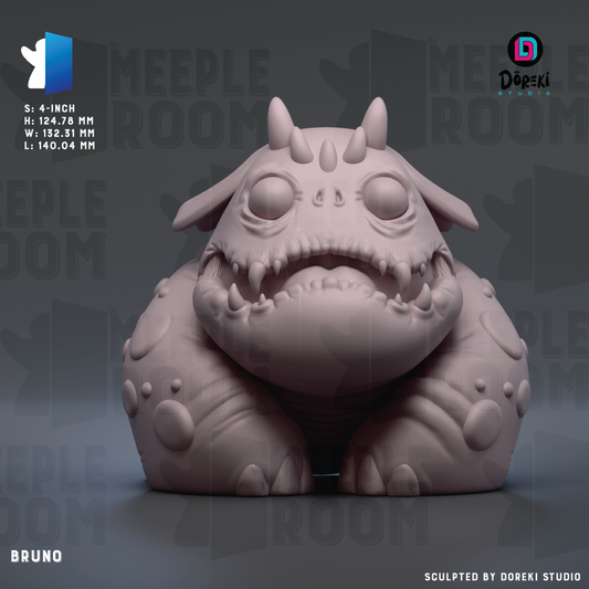 The image is a 3D rendering of a large, furry monster-like creature with sharp teeth and horns, sitting on a surface.