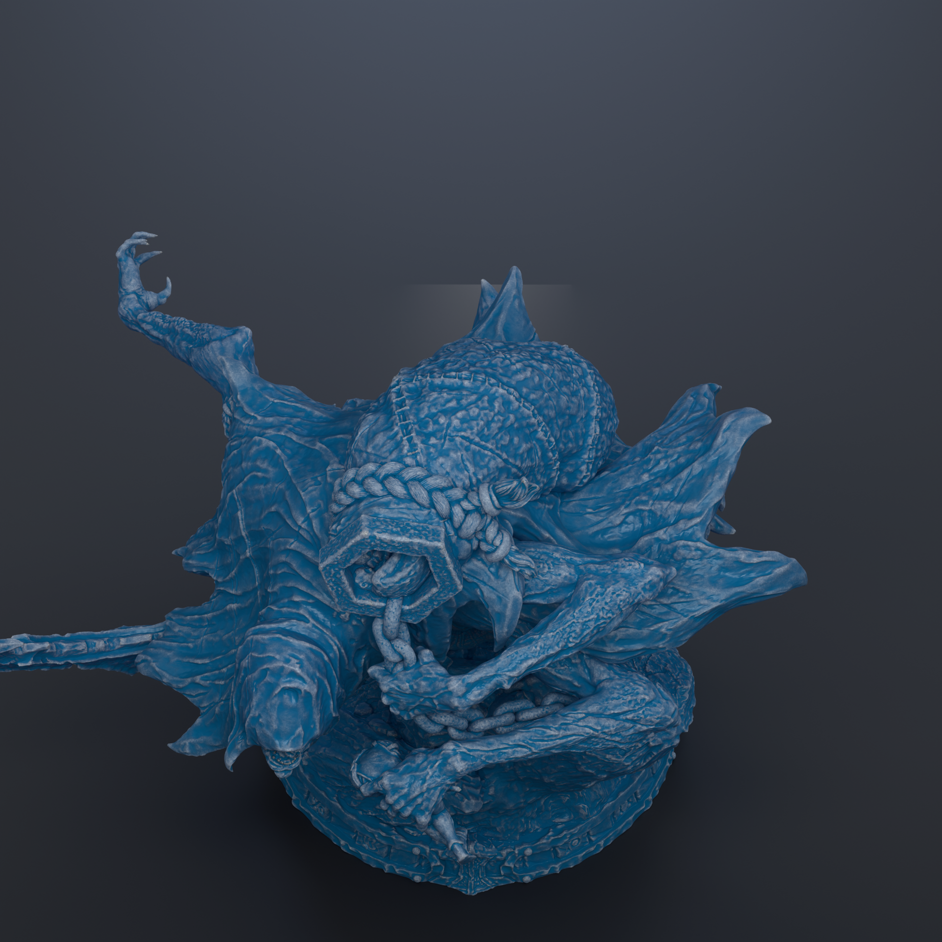 A 3D rendering of a blue, fantastical creature with intricate, textured patterns and sharp, claw-like features.