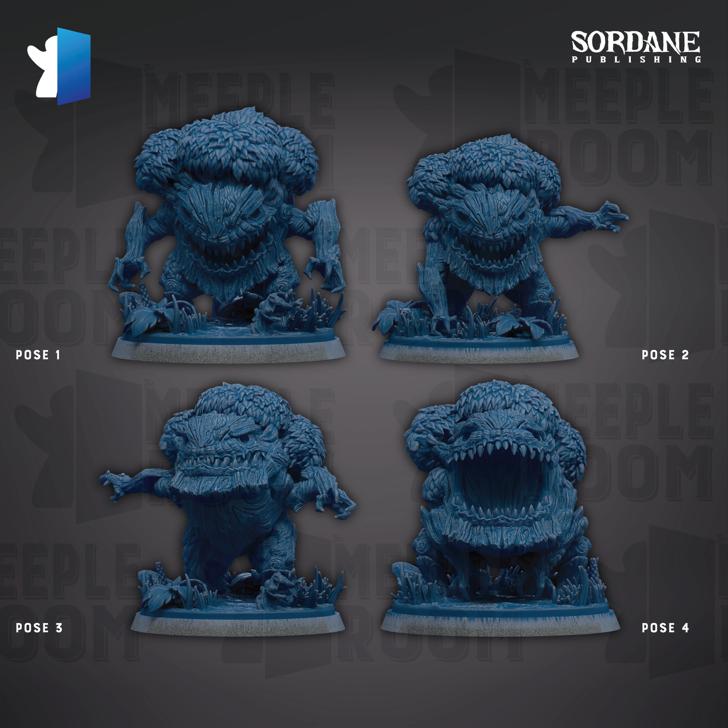 four blue figurines of fantastical creatures, each with unique poses and expressions, arranged in a grid-like pattern against a dark background.