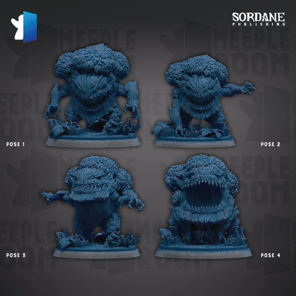four blue figurines of fantastical creatures, each with unique poses and expressions, arranged in a grid-like pattern against a dark background.