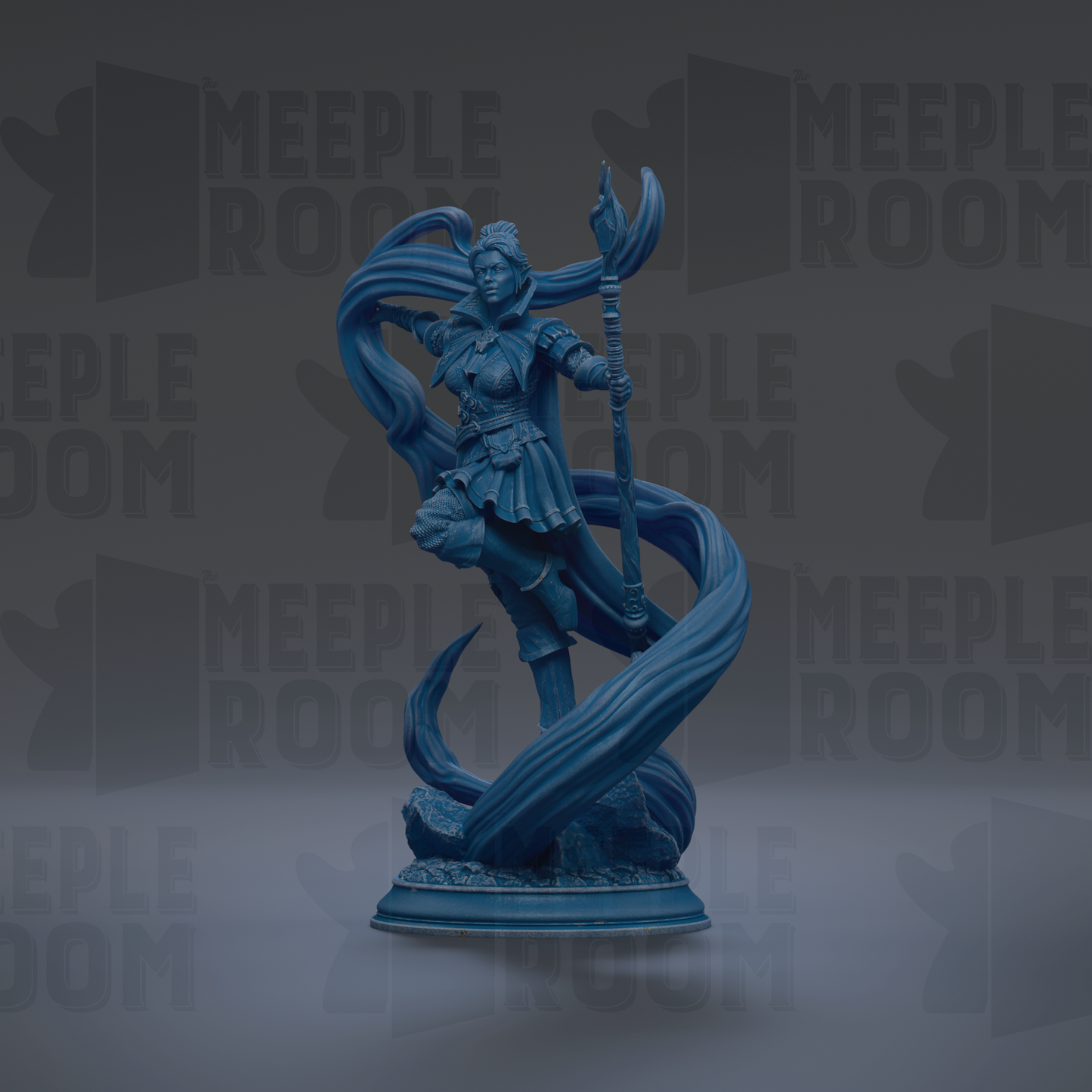 A blue statue of a woman with flowing hair and a staff, standing on a pedestal against a dark background with repeated text.