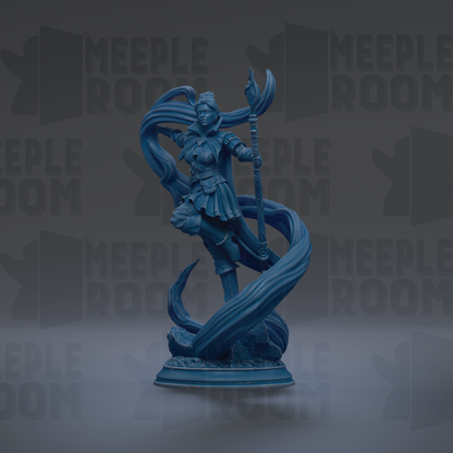 A blue statue of a woman with flowing hair and a staff, standing on a pedestal against a dark background with repeated text.