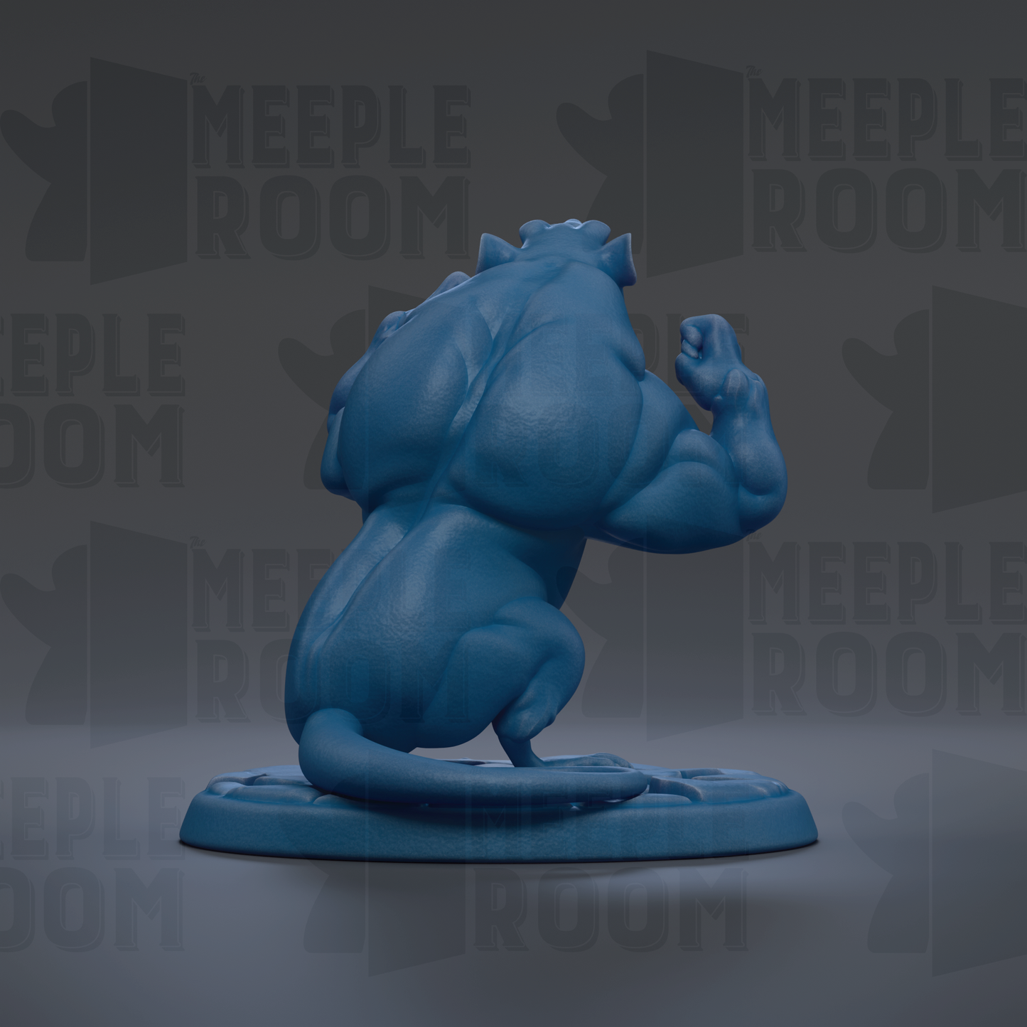 A blue, muscular statue of a crouching, muscular creature with a raised fist, set against a dark background with repeated text.