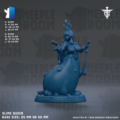 The image is a 3D rendering of a blue, slim figurine of a woman with a crown, sitting on a base. The figurine is described as a "SLIME QUEEN" and has a base size of 25mm or 50mm. The image is a 3D rendering of a woman with a crown, sitting on a base.