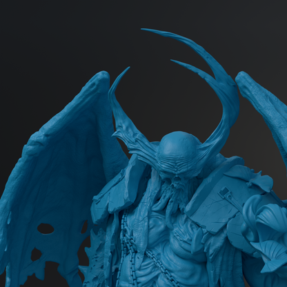 A close-up view of a blue, sculpted figure with large, curved horns and a detailed, intricate design.