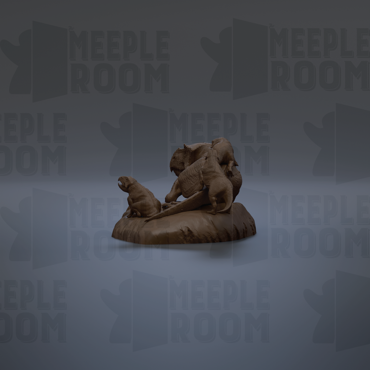 a sculpture of a bear and other animals on a rock, set against a dark background with repeated text.