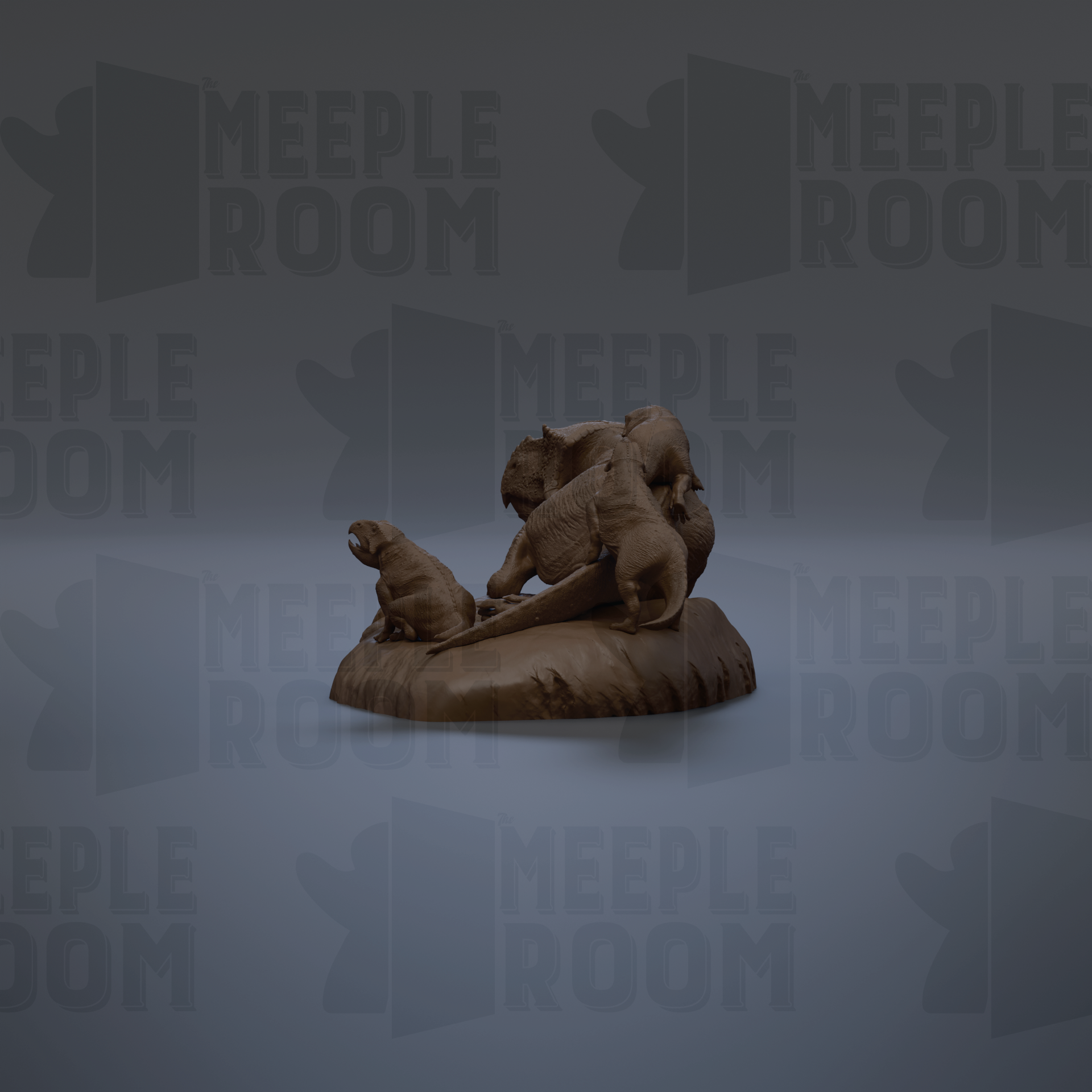 a sculpture of a bear and other animals on a rock, set against a dark background with repeated text.