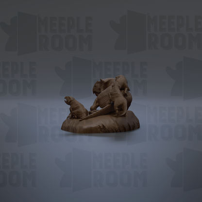 a sculpture of a bear and other animals on a rock, set against a dark background with repeated text.